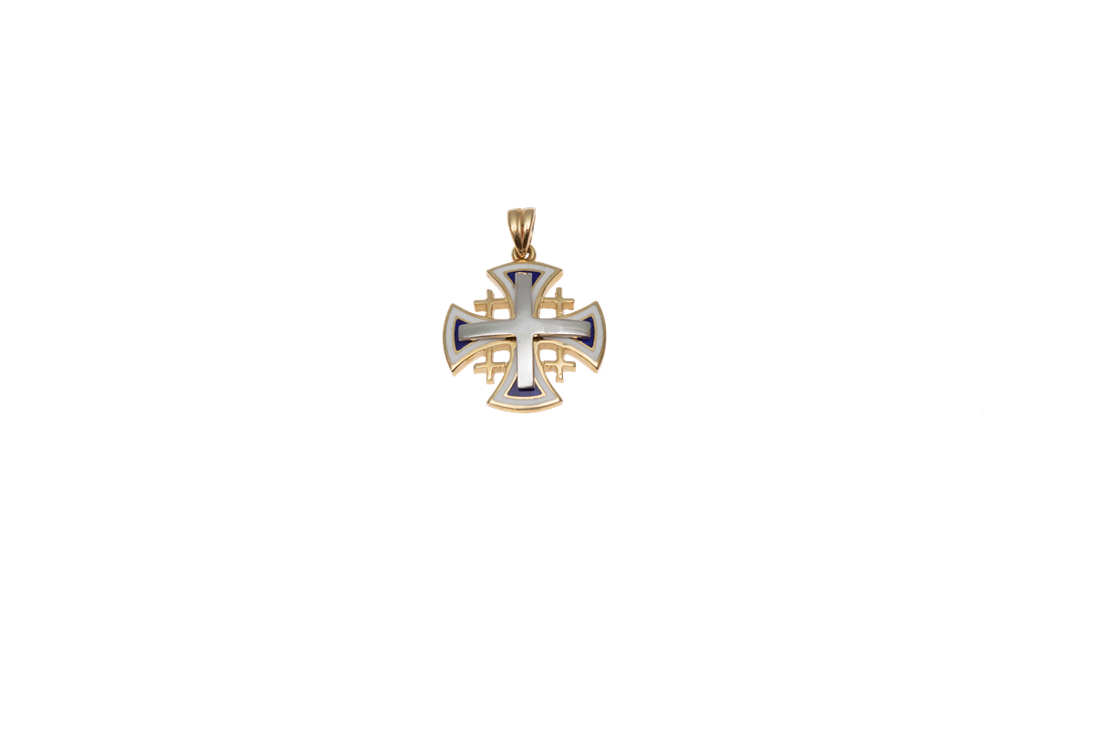 Jerusalem Cross white & yellow gold decorated with white and blue ...